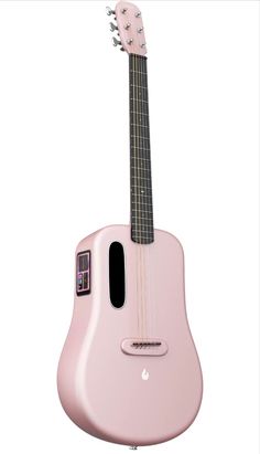 the pink guitar is on display against a white background, it appears to be an electronic device