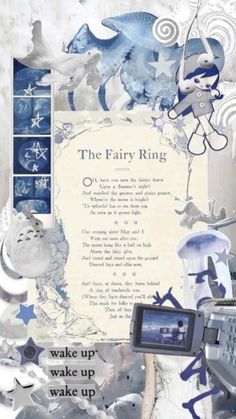 a collage with an old typewriter and other items on it, including the words'the fairy ring '