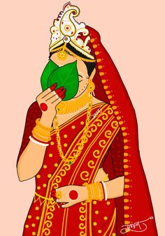 Bengali Wedding Illustration Art, Bengali Bride Painting, Bengali Bride Drawing, Bengali Couple Illustration Drawing