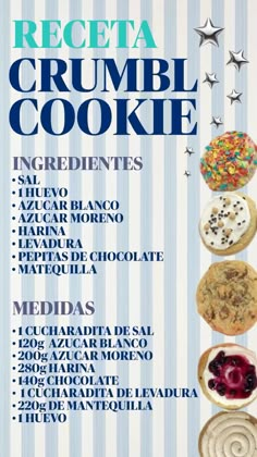 the recipe for crumbl cookie is shown in blue and white striped paper with stars