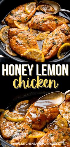 honey lemon chicken in a cast iron skillet with text overlay that reads honey lemon chicken