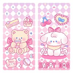 two stickers with teddy bears, cupcakes and other items in pink colors