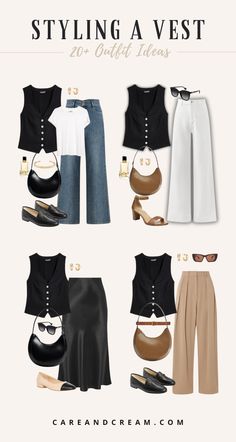 Dress Pants And Vest Women, How To Style A Black Waistcoat, Vest Top Styling, How To Style A Black Vest Women, Women Black Vest Outfit, Black Vest Women Outfit, Black Vest Outfit Summer, How To Wear Vests Outfits, How To Wear A Vest Women Summer