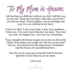 the poem to my mom in heaven written on a white background with pink ink and purple lettering