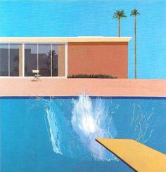 a painting of a person jumping into a pool with a surfboard in the foreground