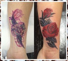 two different tattoos on the legs of people, one with roses and leaves in it