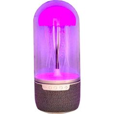 an electronic device with a purple light on it's display case and black base