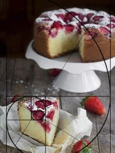 a piece of cake sitting on top of a wooden table next to a strawberry pie