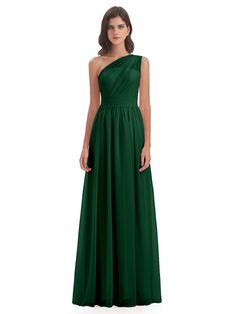 a woman in a long green dress with one shoulder and pleaed skirt on the bottom