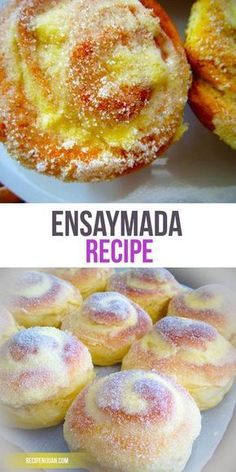 two pictures with different types of desserts on them and the words ensaymada recipe below