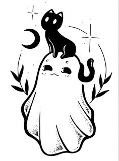 a black and white drawing of a cat sitting on top of a ghost