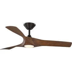 a ceiling fan with wooden blades and light on it's blade, against a white background