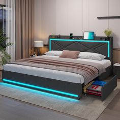 a bed with blue lights on the headboard and foot board is in a bedroom