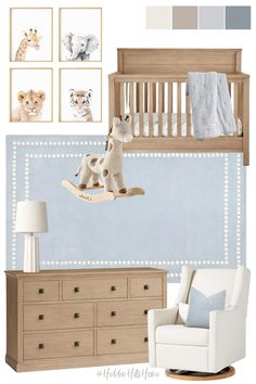 a baby's room with blue and white decor