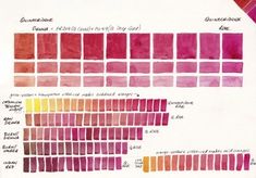 the color chart for different shades of pink and yellow is shown in red, orange, purple