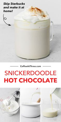 there is a cup of hot chocolate with whipped cream in it and the recipe below