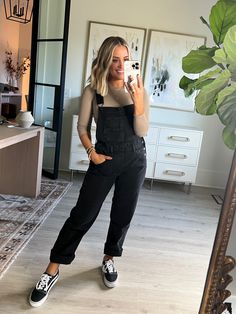 Overalls And Converse Outfits, Womens Black Overalls, Womens Overall Outfits, Casual Outfits Overalls, Black Cotton Overalls Outfit, Fall Outfit Jumpsuit, 2023 Simple Outfits, Black Pant Fall Outfit, Free People Ziggy Overalls