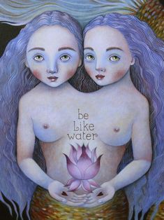 two women with blue hair are hugging each other and the words be like water above them