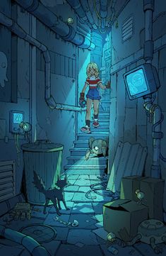 a cartoon girl is walking down the stairs in a dark room with lots of stuff on the floor