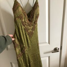 Has Been Taken In And Would Be Closer To A Size 10/12. Gorgeous. Only Worn Once. Embellished Silk V-neck Maxi Dress, Bohemian Silk Maxi Dress For Formal Occasions, Silk Bohemian Maxi Dress For Formal Occasions, Spring Silk Sheath Evening Dress, Fitted Green Silk V-neck Dress, Green Silk Maxi Dress For Evening, Festive Silk V-neck Maxi Dress, Green Silk Long Evening Dress, Green Silk V-neck Dress For Party