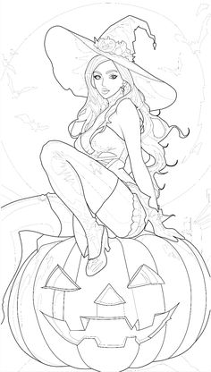 a coloring page with a witch sitting on top of a pumpkin