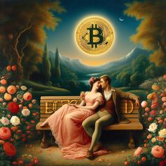 a painting of a man and woman sitting on a bench with a bitcoin in the background