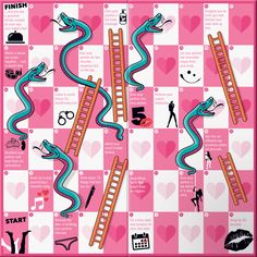 a pink and blue checkered pattern with various things on it, including a ladder