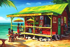 a painting of people sitting at a beach bar