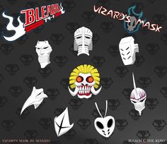 several masks with different designs on them and the words bleach in front of them