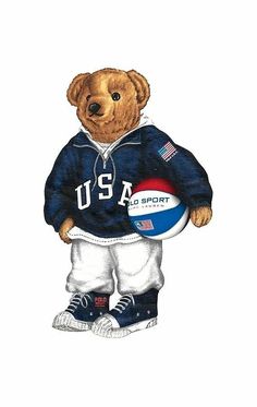 a drawing of a teddy bear holding a soccer ball in his hands and wearing a hoodie