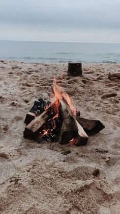 there is a fire in the sand at the beach