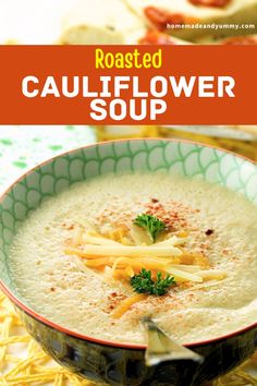 roasted cauliflower soup in a bowl with cheese and parsley on the side