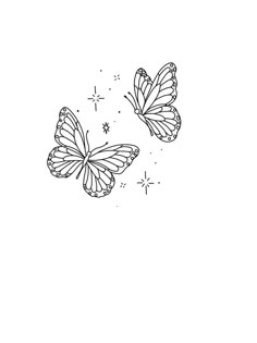 two butterflies flying in the sky with stars on their wings, one is black and white