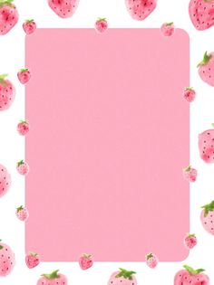 a pink paper with strawberries on it and green leaves around the edges is surrounded by smaller strawberrys