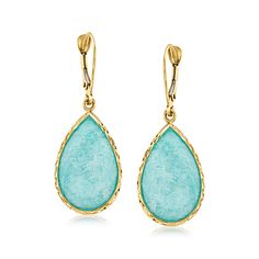 Ross-Simons - Amazonite Drop Earrings in 14kt Yellow Gold. An instant refresh for any old ensemble, this noticeable pair of earrings makes a bright statement with cool 20x13mm pear-shaped amazonite cabochon drops showcased in glossy frames of diamond-cut and polished 14kt yellow gold. Hanging length is 1 3/8". Leverback, amazonite drop earrings. Essential Jewelry, Jewelry Presentation, Jewelry Styles, Amazonite Stone, Jewelry Essentials, Stone Cuts, Fine Jewellery Earrings, Green Stone, Diamond Cut