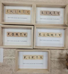 Forty (don't worry you are only 11 in Scrabble). Great birthday gift for Scrabble lovers. Sixty (don't worry you are only 15 in Scrabble).  Great gift for Scrabble lovers. Upcycled Scrabble tiles spell out the word "THIRTY", "FORTY", "FIFTY", "SIXTY" or "EIGHTY*. The message "(Don't worry you are only xx in Scrabble)." is printed and mounted on quality cardstock.  Framed in a wood look shadow box, 6" x 4" x 1" outside dimensions. Frame will stand very nicely on flat surfaces such as shelves or you can chose to hang.  Already has saw tooth hanger, and Twine to hang and display your decoration. Birthday Shadow Box Ideas Gift, Birthday Shadow Box Ideas, Scrabble Gift Ideas, Crafts With Scrabble Tiles, Scrabble Tile Ornaments, Scrabble Letter Crafts, Scrabble Gifts, Scrabble Art Frame, Tile Ornaments