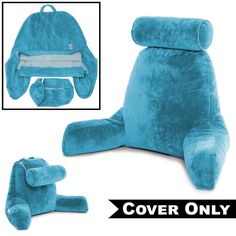 a blue stuffed animal sitting on top of a chair with the cover over it's head