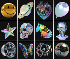 many different metallic objects are arranged in the shape of stars, moon, and smiley faces