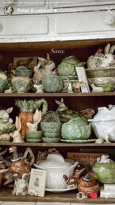 an old shelf filled with lots of green and white dishes on top of wooden shelves