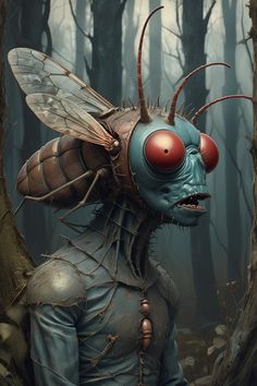 an insect with red eyes is standing in the woods