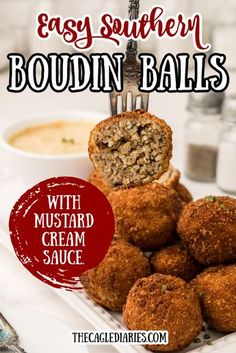 easy southern boudiin balls with mustard and cream sauce on a white platter