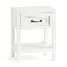 a white nightstand with one drawer open