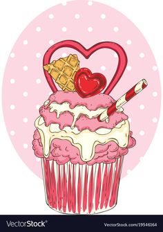 a cupcake with heart and waffles on top in pink background eps file