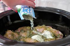 8 boneless skinless chicken thighs      6 ounce jar of pesto      1 package Ranch Dressing Seasoning Mix      1/2 cup chicken broth    Directions        Turn crock pot to high setting. Place chicken thighs, pesto, ranch dressing and chicken broth into crock pot. Stir gently to combine all seasonings. Close with lid and cook on high for 3-4 hours or on low for 6-8 hours. 320 cal. Pesto Ranch Chicken, Ranch Dressing Seasoning, Crockpot Chicken Thighs, Crock Pot Food, Crockpot Dishes, Boneless Skinless Chicken Thighs, Ranch Chicken, Skinless Chicken Thighs