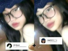 two pictures of a woman wearing glasses and a hat with the same image on it