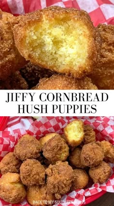 two pictures showing different types of cornbread hush puppies in red and white checkered paper