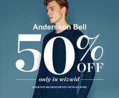 a man in blue sweater with 50 % off on sale