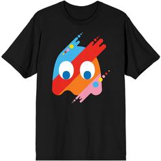 Go retro with this Pac-Man tee. The shirt features Blinky, Inky, Pinky, and Clyde merged together to form a red, orange, blue, and pink ghost. The tee comes in a black short sleeve crew neck. Celebrate the classic arcade games with this Pac-Man t-shirt. Pacman Ghost, Pink Ghost, Fusion Art, Graphic Tshirt Design, Sleeve Packaging, Pac Man, Pink Background, Arcade Games, Black Shorts