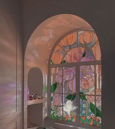 a bathroom with a large stained glass window