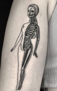 a woman's thigh with a skeleton tattoo on it